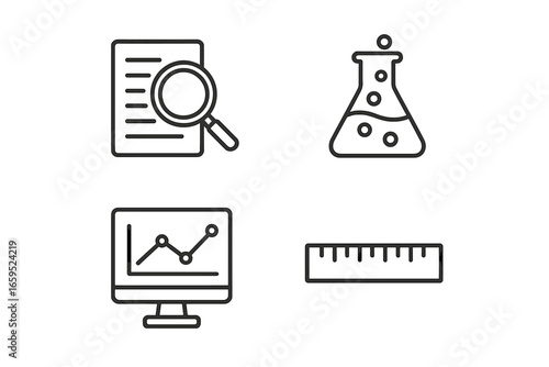 Science and analysis icons: magnifying glass, beaker, graph, ruler symbols
