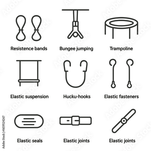 Elastic Icon Set. Outline icon set of elastic applications: resistance bands, bungee jumping, trampoline, elastic suspension,