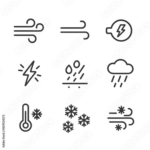 Chirp Weather Icons. Outline icon set of chirp in weather: wind sound, light breeze, storm whistle, thunder sound, hail hitting