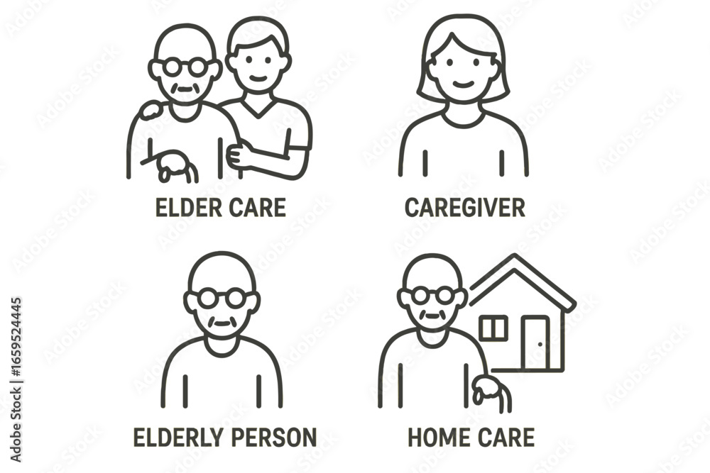 Elderly care icon set with caregiver and home care symbols Elderly care icon set with caregiver and home care symbols