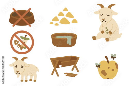 Goat Feeding Errors. Flat vector mini-illustrations goat feeding mistakes in colors children's illustrations: