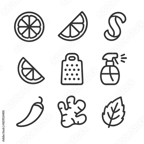 Citrus Outline Icons. Outline icon set of zesty flavors: lemon slice, lime wedge, orange peel, grapefruit segment, zest grater,