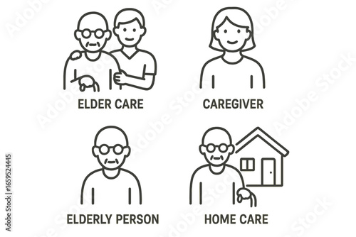 Elderly care icon set with caregiver and home care symbols