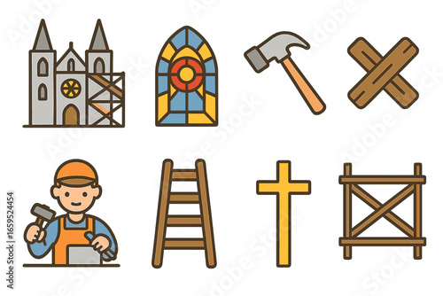 Gothic Church Icons. Flat vector mini-illustrations gothic church construction in colors children's