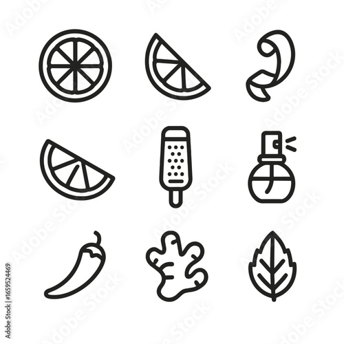 Citrus Outline Icons. Outline icon set of zesty flavors: lemon slice, lime wedge, orange peel, grapefruit segment, zest grater,