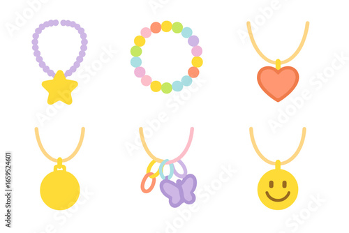 Kids' Costume Necklaces. Flat vector mini-illustrations kids’ costume necklaces in colors children's illustrations: plastic star