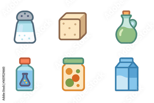 Kids' Chemistry Icons. Flat vector mini-illustrations compound food chemistry in colors children's illustrations: salt shaker,