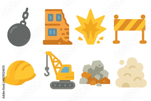 Explosive Demolition Icons. Flat vector mini-illustrations explosive demolition in colors children's illustrations: wrecking ball,