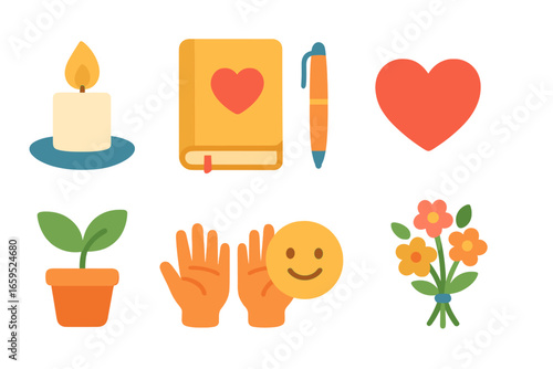 Gratitude Ritual Icons. Flat vector mini-illustrations Gratitude rituals in colors children's illustrations: