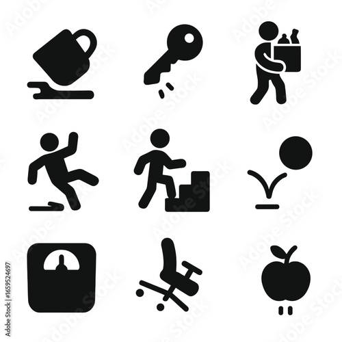 Gravity in Daily Life. Solid, filled icons set of gravity in daily life: spilled cup, dropped key, lifting