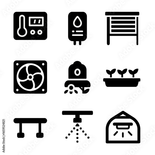 Greenhouse Automation Icons. Solid, filled icons set of greenhouse automation: temperature control panel,
