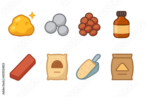 Colorful Craft Materials. Flat vector mini-illustrations casting materials in colors children's illustrations: gold nugget, silver