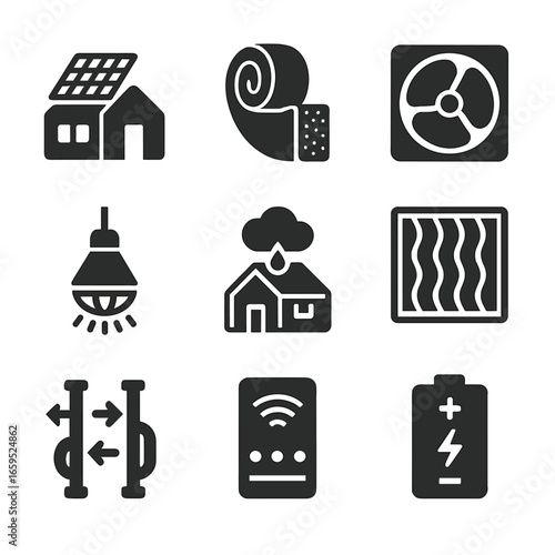 Greenhouse Energy Icons. Solid, filled icons set of greenhouse energy efficiency: solar panels, insulation