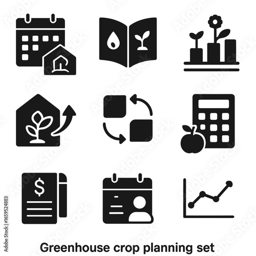 Greenhouse Planning Icons. Solid, filled icons set of greenhouse crop planning: planting calendar, seed