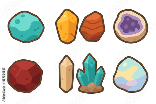 Colorful Gemstone Grid. Flat vector mini-illustrations raw gemstones in colors children's illustrations: uncut turquoise, rough