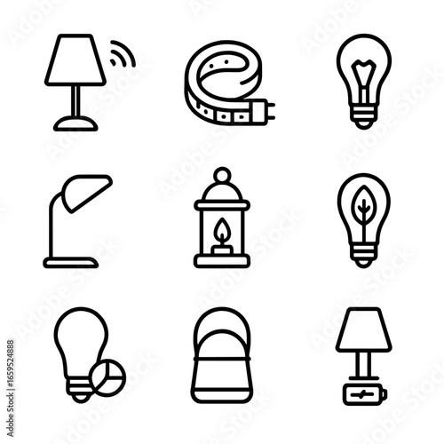 Lamp Icon Set. Outline icon set of lamp styles and trends: smart lamp, LED strip, vintage filament, minimalist desk, decorative