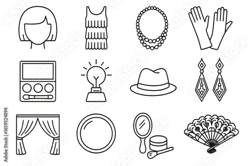 1920s Icon Grid. Outline vector icons of 1920s photo styling: bob wig, fringe dress, pearl strands, black
