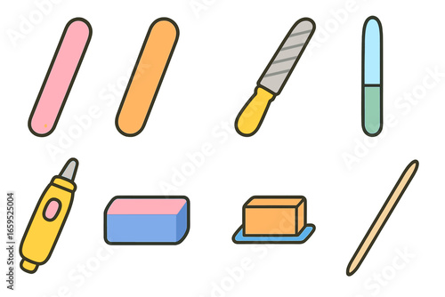 Colorful Nail Tools Grid. Flat vector mini-illustrations filing tools in colors children's illustrations: nail file, emery board,
