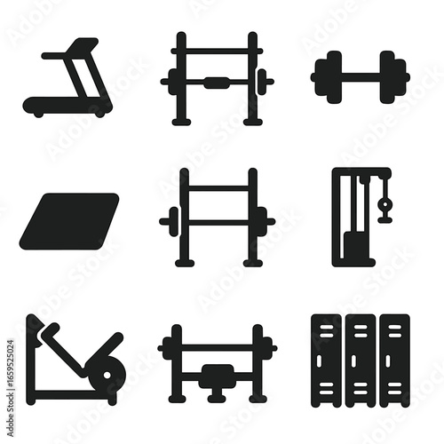 Gym Icons Grid. Solid, filled icons set of gym workout zones: cardio area, strength rack, free weights,