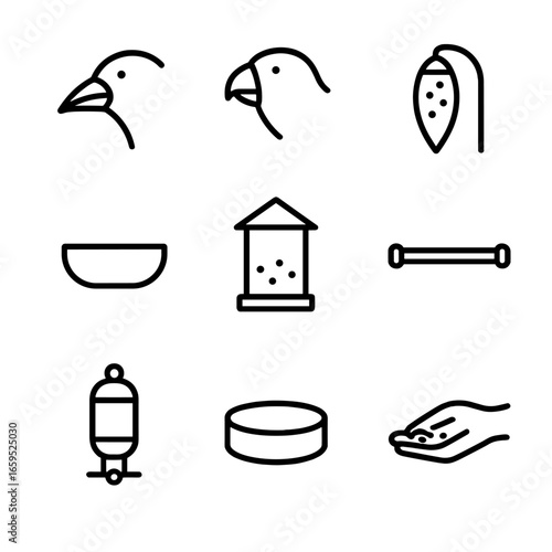 Feeding Tools Icons. Outline icon set of feeding tools: bird beak types, feeding bowl, feeder, seed pod, nectar feeder, water