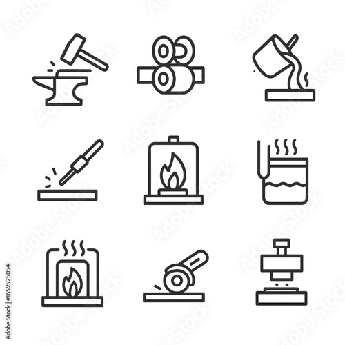 Ferrous Metal Processing Icons. Outline icon set of ferrous metal processing: forging, rolling, casting, welding, annealing,