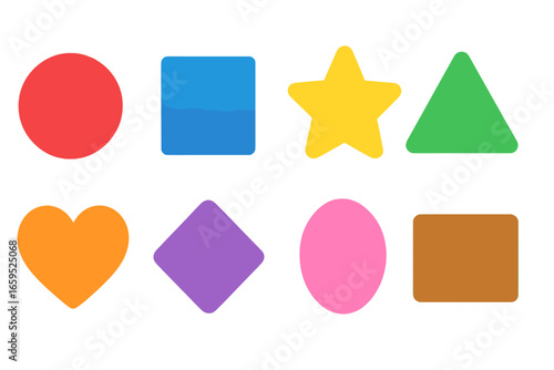 Colorful Shapes Grid. Flat vector mini-illustrations basic colors in colors children's illustrations: red circle, blue square,
