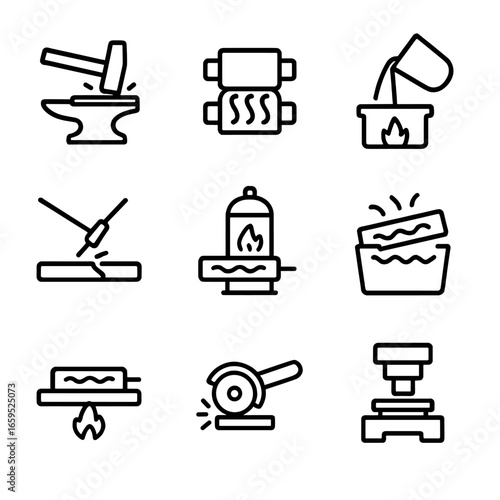 Ferrous Metal Processing Icons. Outline icon set of ferrous metal processing: forging, rolling, casting, welding, annealing,