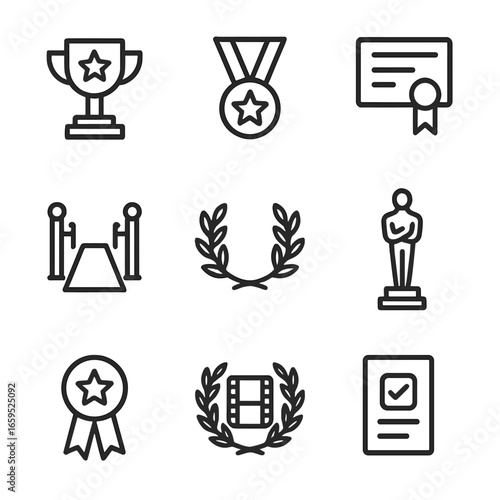 Film Awards Icon Set. Outline icon set of film awards: trophy, medal, certificate, red carpet, laurel wreath, golden statue,