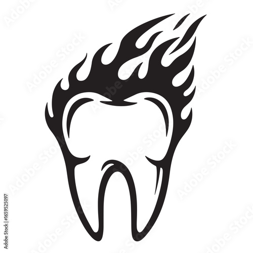 Burning tooth in flames represents dental pain and problems in a stark black and white illustration.