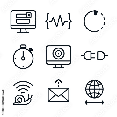 Communication Delay Icons. Outline icon set of delay in communication technology: packet loss, jitter, buffering, latency, ping,