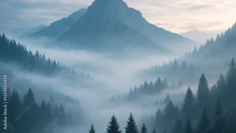 Obraz premium Misty mountain landscape with trees.