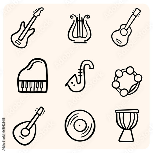 Hand-drawn musical instrument doodles.