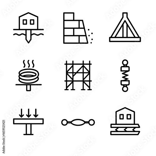 Construction Stability Icons. Outline icon set of stabilization in construction: foundation support, retaining wall, brace,