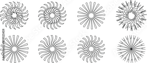 Sun burst set in line styles. Collection and group of sunshine rays, starburst, radial light beams, shining effect, abstract sunlight vector symbols for design and decoration.
