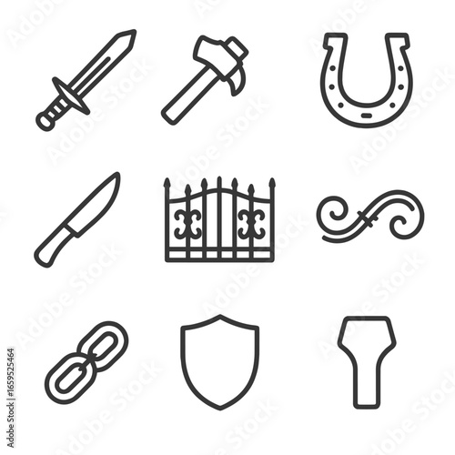 Forged Product Icons. Outline icon set of forged products: sword, axe, horseshoe, knife, metal gate, decorative ornament, chain