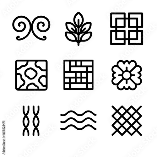Forged Metal Icons. Outline icon set of forged metal patterns: scrollwork, leaf motif, geometric, hammered texture, basket weave,
