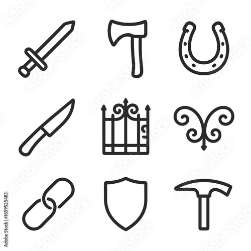 Forged Product Icons. Outline icon set of forged products: sword, axe, horseshoe, knife, metal gate, decorative ornament, chain