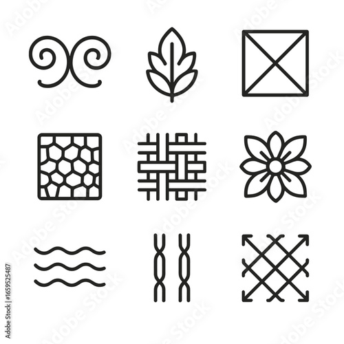 Forged Metal Icons. Outline icon set of forged metal patterns: scrollwork, leaf motif, geometric, hammered texture, basket weave,