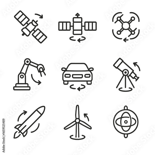 Control Application Icons. Outline icon set of rotational control applications: satellite pointing, spacecraft stabilization,