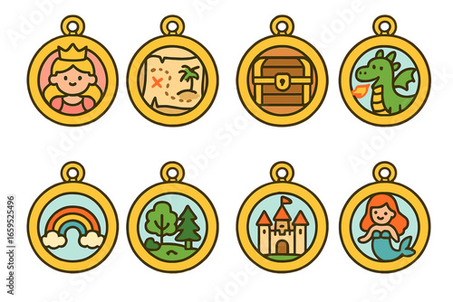Magical Locket Icons. Flat vector mini-illustrations children’s story lockets in colors children's illustrations: princess locket,