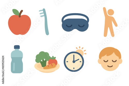 Healthy Habits Icons. Flat vector mini-illustrations healthy lifestyle changes in colors children's