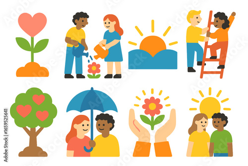 Healthy Relationship Growth. Flat vector mini-illustrations healthy relationship growth in colors children's