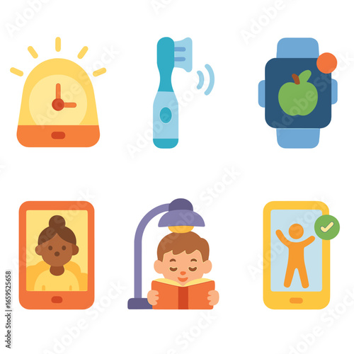 Healthy Routine Tech Icons. Flat vector mini-illustrations Tech for healthy routines in colors children's