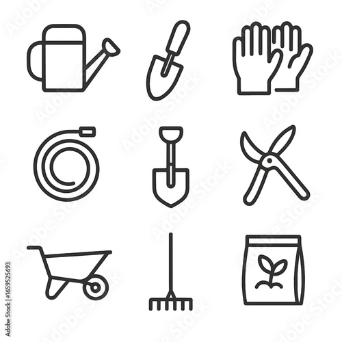 Gardening Tool Icons. Outline icon set of green gardening tools: watering can, garden trowel, gloves, hose, spade, pruning shears,