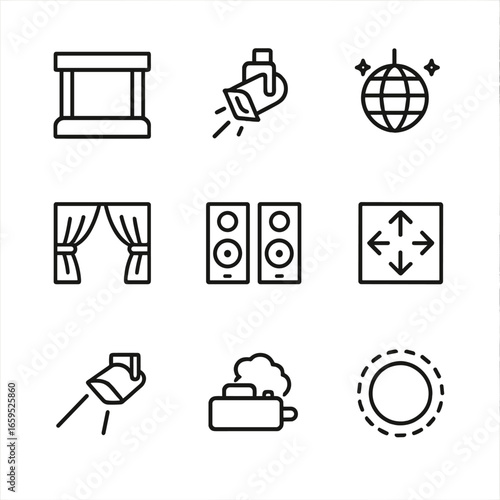 Dance Floor Icons. Outline icon set of dance floor elements: stage, spotlight, disco ball, curtain, speakers, dance mat, spotlight