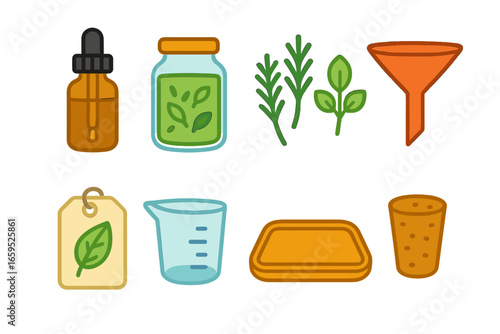 Herbal Oils Icons. Flat vector mini-illustrations herbal oils and tinctures in colors children's illustrations