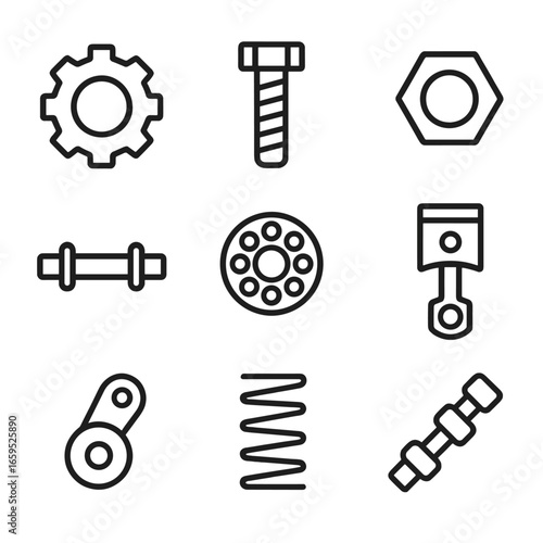 Mechanical Parts Icons. Outline icon set of solid mechanical parts: gear, bolt, nut, shaft, bearing, piston, crankshaft, spring,