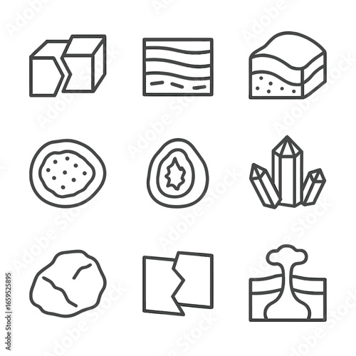 Geological Icons Set. Outline icon set of ore geological features: fault, strata, ore deposit, mineralization, geode, quartz, rock