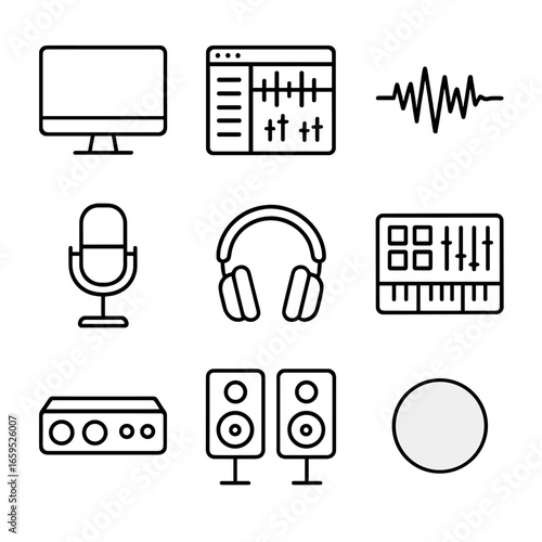 Digital Recording Icons. Outline icon set of digital recording: computer, DAW software, audio wave, USB microphone, headphones,