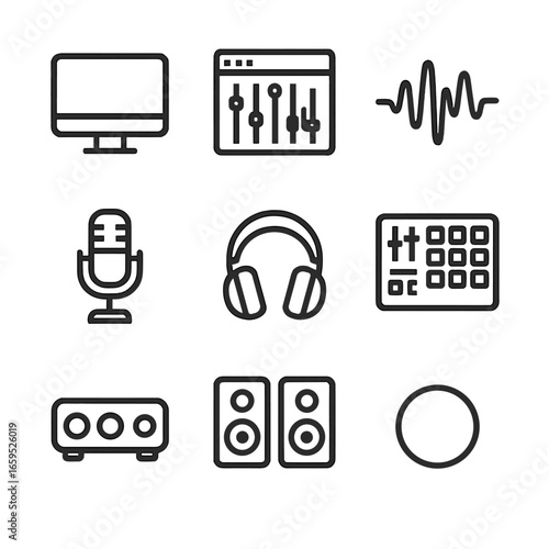 Digital Recording Icons. Outline icon set of digital recording: computer, DAW software, audio wave, USB microphone, headphones,